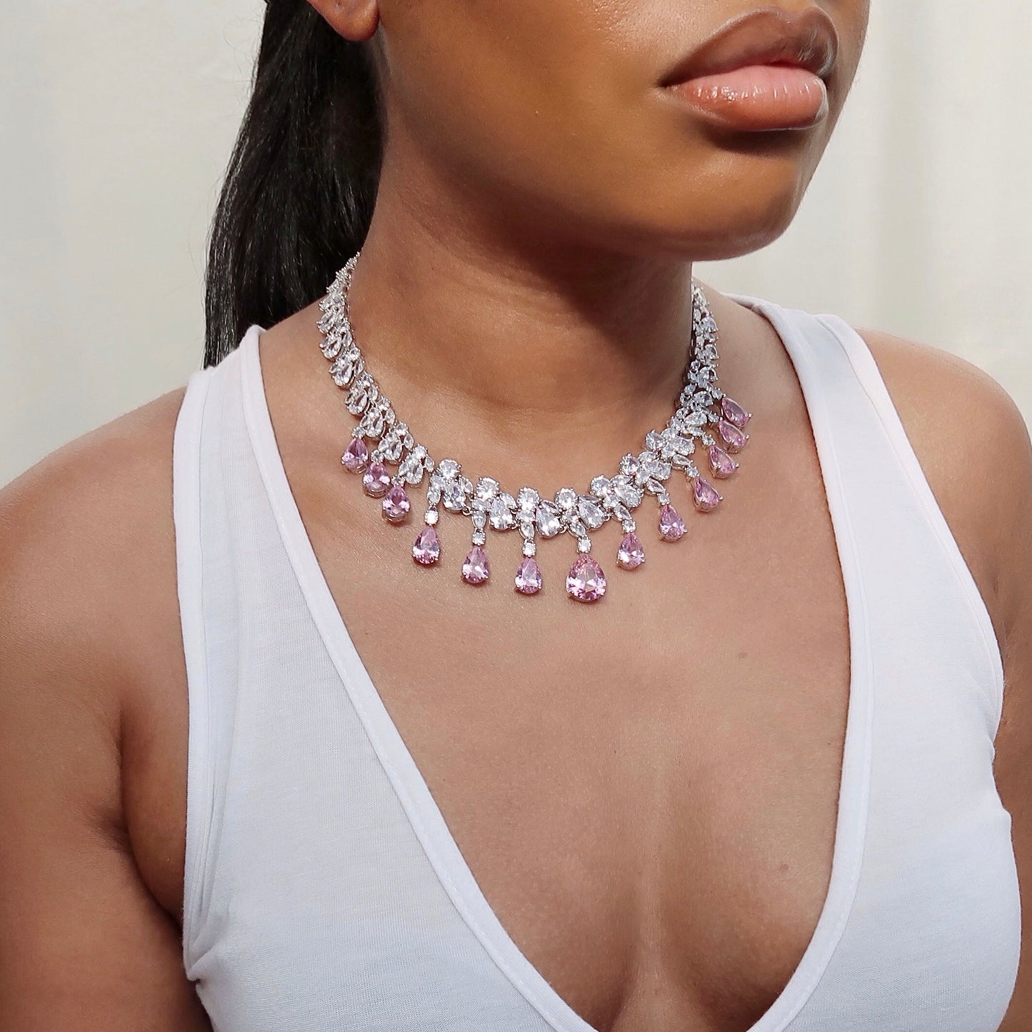Dynasty Teardrop Cluster Silver Necklace - Pink